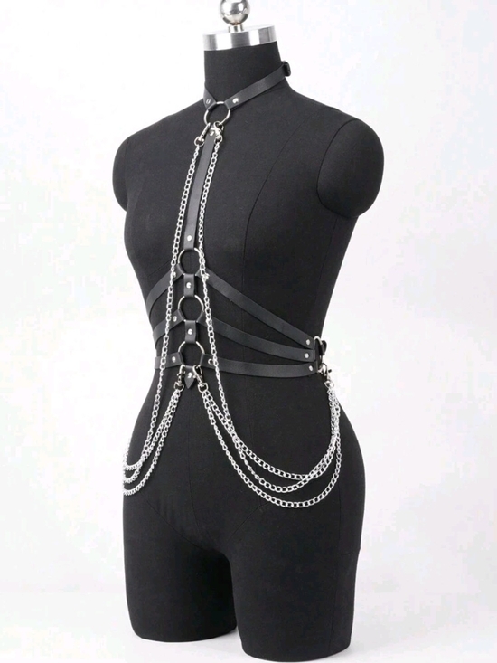 Accessories - Gothic Faux Leather Harness with Silver Chains